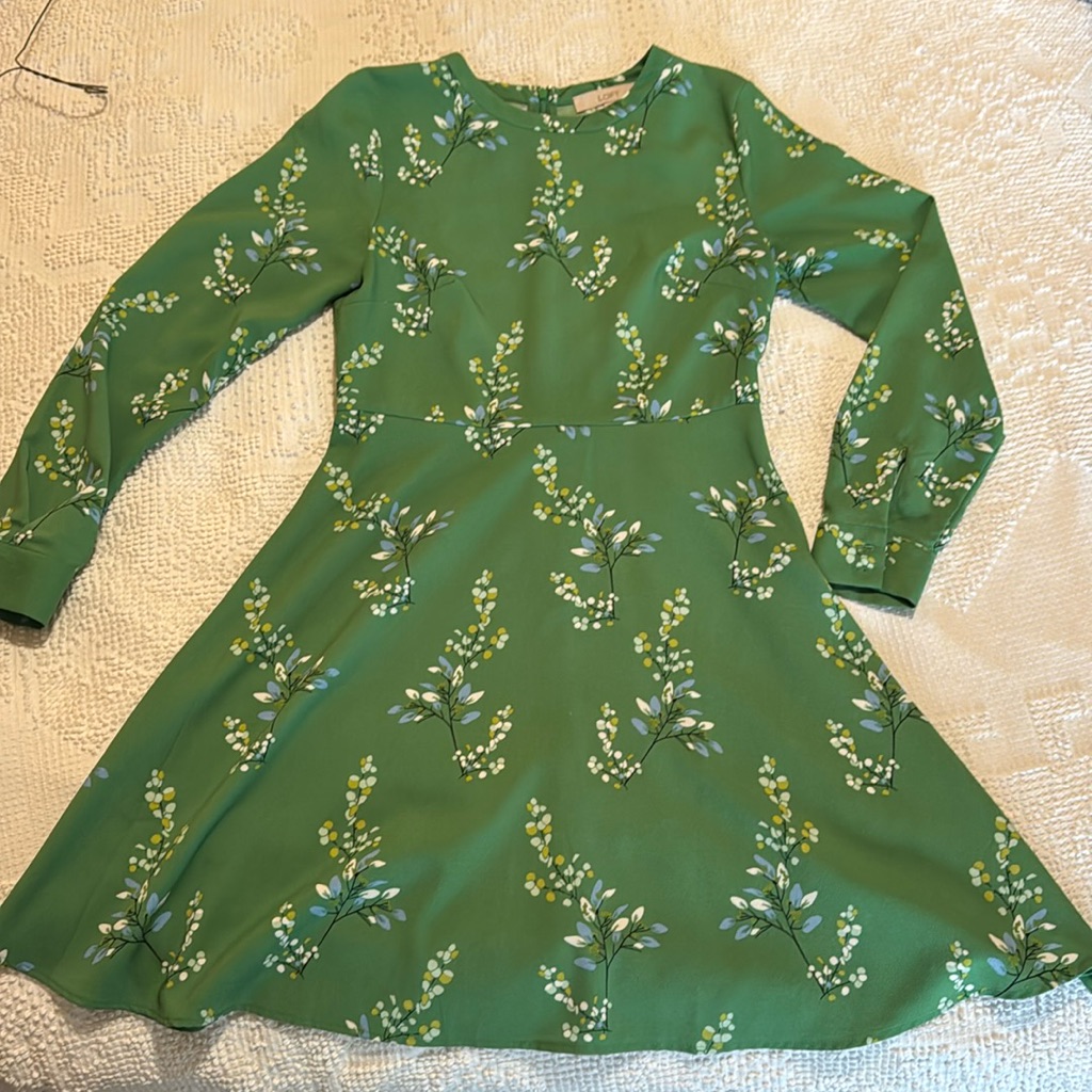 Loft Women's Green Flower Branch Flare Dress Size 2
